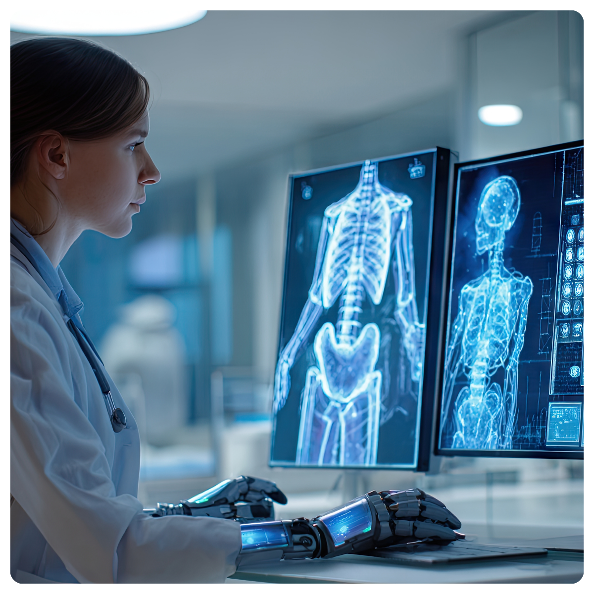 Medical technology - Doctor with robotic arms viewing a digital image of the human body.